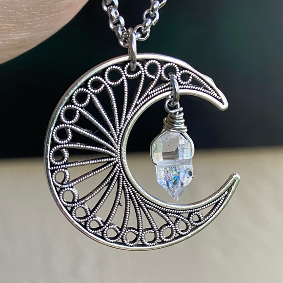 Crystal moon necklace . Boho Genuine herkimer diamond quartz crecent moon charm - Picture 5 of 14